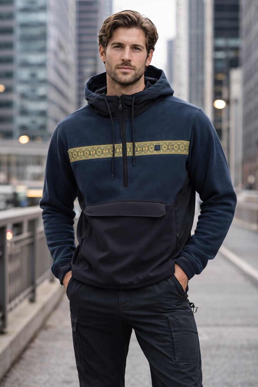Huckberry Roark Mens Hoodie 2XL Navy Patterned Overland Anorak Fleece Jacket NWT